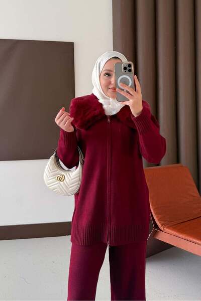 Rimel Moda Fur Collar Knitwear Set Burgundy