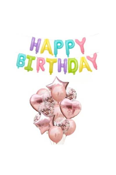 OEM Set of 14 Birthday Balloons with Confetti, Rose Gold + Multicolor 'Happy Birthday' Balloons