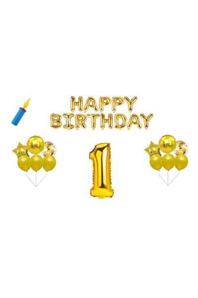 OEM Set baloane aniversare, 1 an, La mulți ani, auriu, decor tort, 30 buc