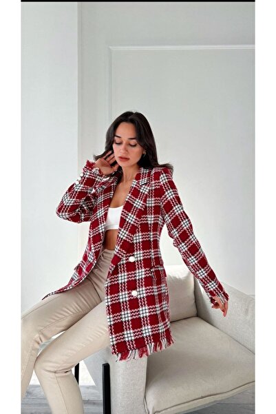 Julishop Нов сезон Дамско червено сако с двойно закопчаване и метални златни копчета от висококачествен туид