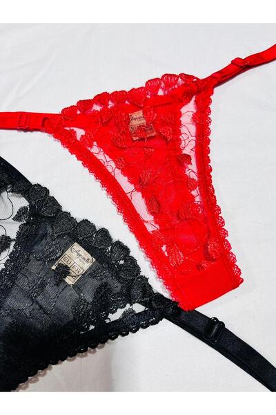 mendoza store Heart Red and Black Color Lace Thong Panties 2 Pcs