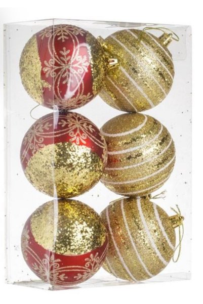 So Iconic 6Pcs Gold and Red Color Glitter and Embroidered Christmas Tree Ball / 8cm