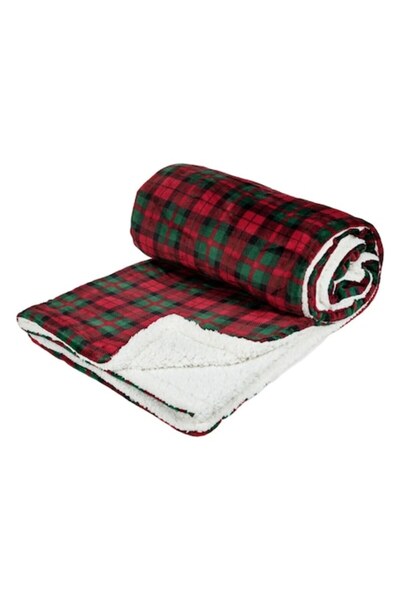 OEM Red Christmas Decorative Blanket with Checkered Pattern and White Sherpa Faux Fur 220x200cm