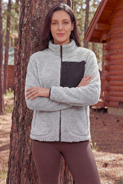 Veleno سترة نسائية رمادية اللون مضادة للتقشير من صوف الغنم ويلسوفت بسحاب كامل...