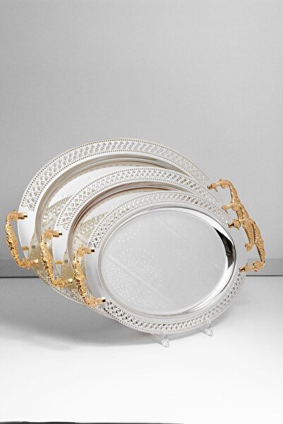 Bin Shihon Silver oval tray set with gold handles, 3 pieces