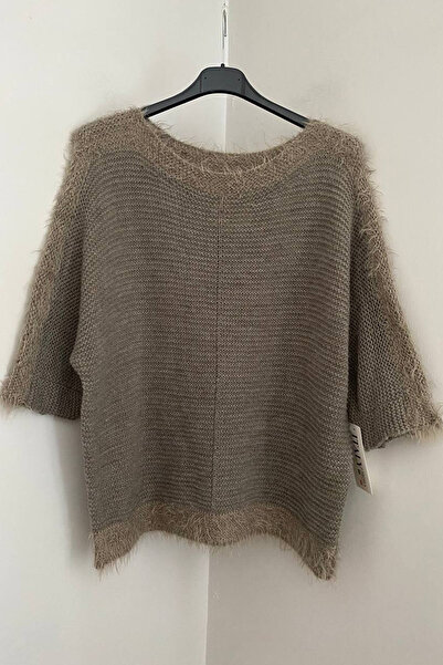 AYASOFYA OTANTIK Women's Italian Stone Color Round Neck Plain Pattern Fringe Detail Three Quarter Sleeve Bearded Blouse Sweater