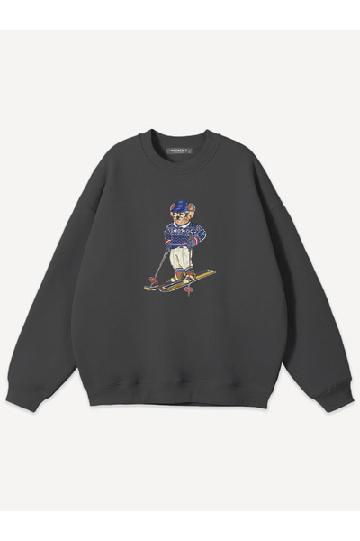 Mad&Calf Unisex Teddy Skier Printed Crew Neck Oversized Sweatshirt