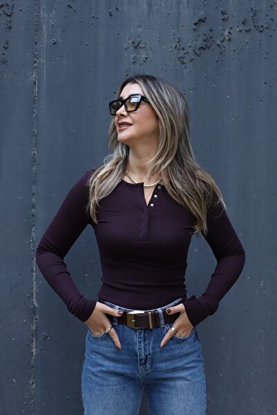 bytugcekaya Plum Front Snap Button Blouse