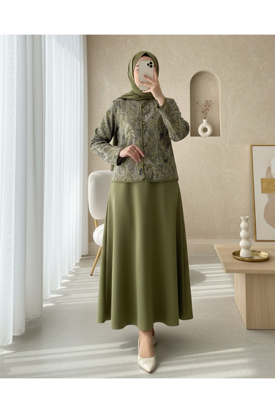 Modamorfo Ethnic Patterned Ball Button Scuba Suit - Olive