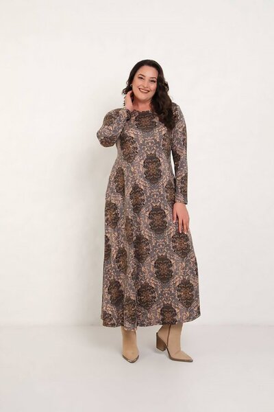 Truva XXL Warm Brown Pattern Printed Long Sleeve Comfortable Cotton Maxi Dress