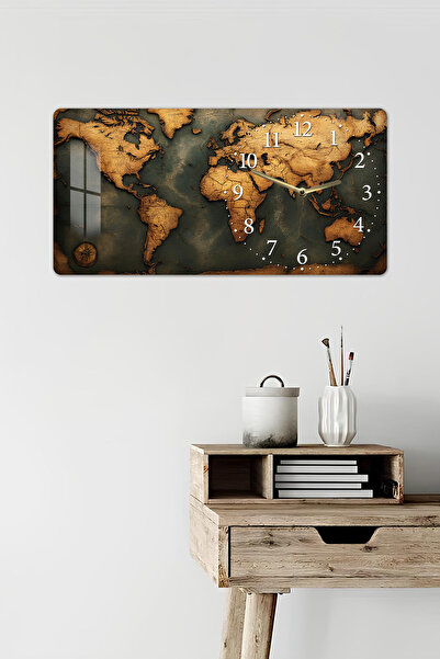 kutuTR 3D Görünümlü 2D UV Baskı Yatay Temperli Cam Saat Tablo – Vintage Dünya Haritası – 60x30 cm-YSG034