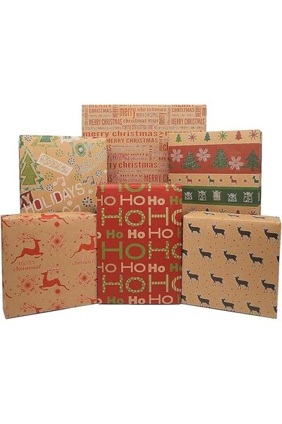 Generic Christmas Wrapping Paper, 6 Pack Recycled Gift Wrapping Paper Set, Brown Folded Paper with Jute Stri
