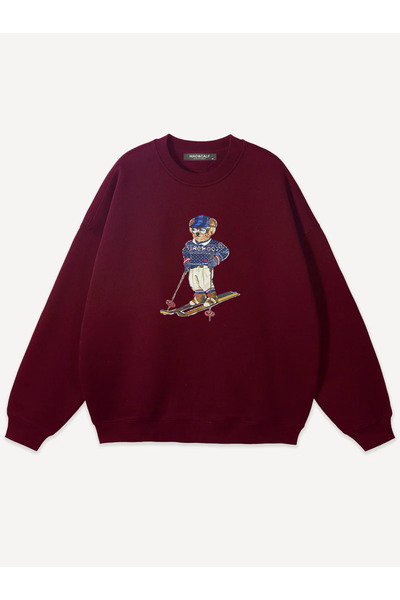 Mad&Calf Unisex Teddy Skier Printed Crew Neck Oversized Sweatshirt