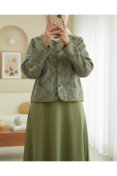 Modamorfo Ethnic Patterned Ball Button Scuba Suit - Olive