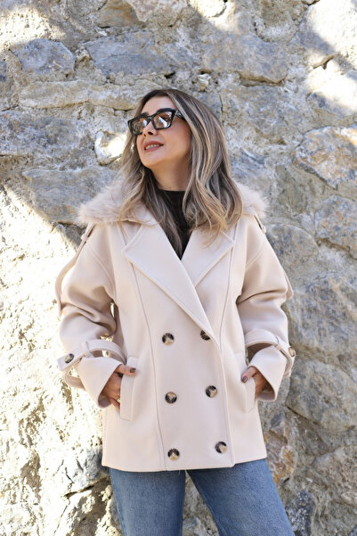 bytugcekaya Cream Standard Size Collar Fur Detailed Cashmere Jacket