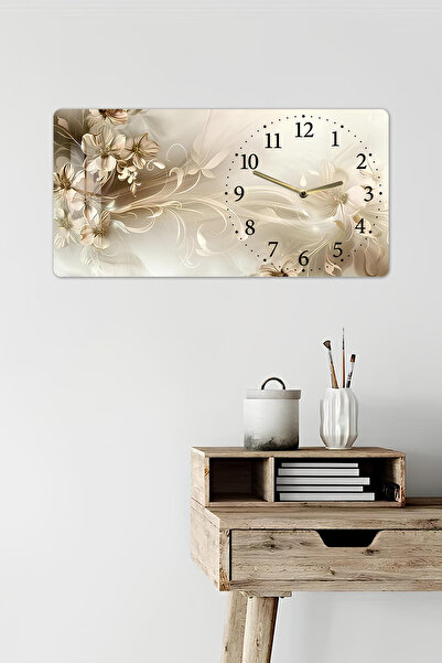 kutuTR 3D Görünümlü 2D UV Baskı Yatay Temperli Cam Saat Tablo – Krem Altın Çiçek Desenli – 60x30 cm-YSG044