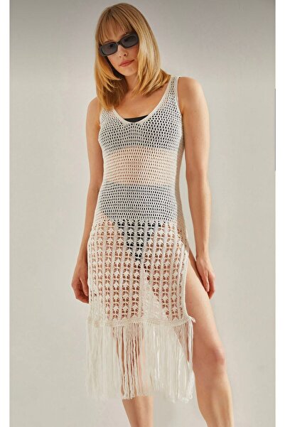 Butikalaçatı Lace-Like Knit Women's Dress with Tassel Slit Detail