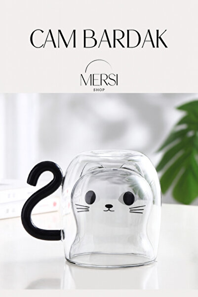 Mersi SHOP Kedi Figürlü Çift Cidarlı Cam Bardak 330 ml | Borosilikat Isı Yalı...