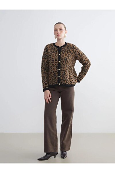 LC Waikiki Crew Neck Leopard Patterned Women's Knitwear Cardigan (W5)