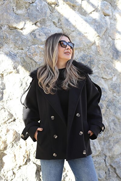 bytugcekaya Black Standard Size Collar Fur Detailed Cashmere Jacket