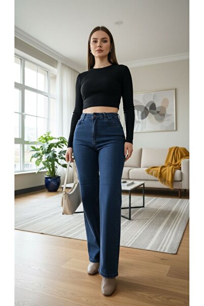 geenz manifacture Lacivert Yüksek Bel Esnek Liikralı Palazzo Jeans Pantolon