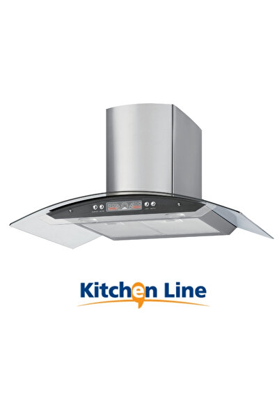 Kitchen Line شفاط مطبخ 90 سم ستانلس ستيل وزجاج منحني – قوة شفط 760 م³/ساعة – إضاءة LED فلاتر ألومنيوم + فلتر فحم