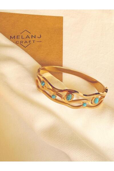 Melanj Craft Blue Multi Stone Steel Handcuff Bracelet - Gold - 6 cm