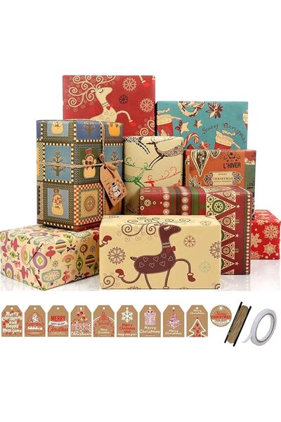 Generic Christmas Wrapping Paper, 10 Pack Recyclable Kraft Paper 70x50CM in Folded Sheets with10 Unique Desi