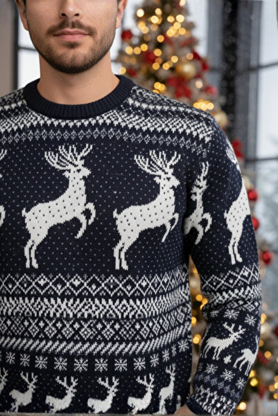 A&O Style Unisex Navy Blue Regular Fit Crew Neck Christmas Deer Themed Knitwear Sweater