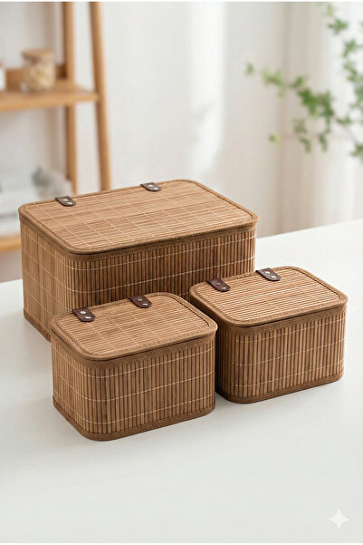 BEYZANA مجموعة من 3 صناديق تنظيم ديكورية بغطاء بمظهر الخيزران من Pinterest - منظم متعدد الأغراض