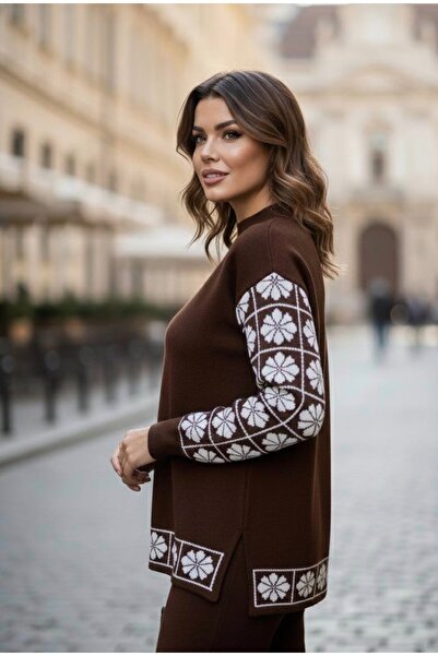 YusGos Women's Clover Patterned Top and Bottom Pants Sweater Knitwear Set