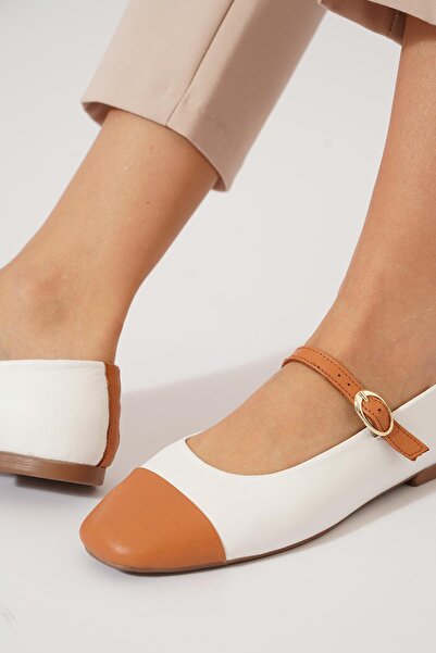 Moda Pie Retan Double Color Belted Women's Genuine Leather Ballerinas White Skin