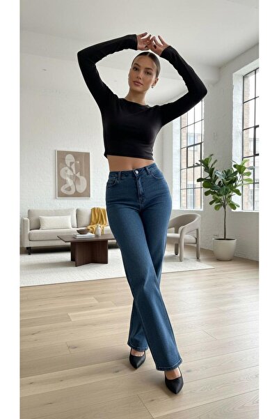 geenz manifacture Medium Blue Suny Women's High Waist Jeans Loose Denim Pants Palazzo