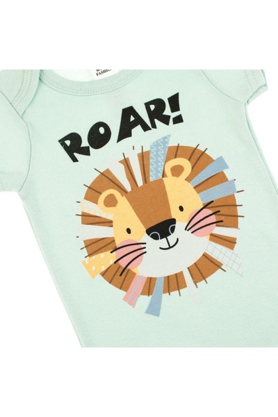 OEM mint green cotton baby bodysuit with lion "Roar!" print, short sleeves