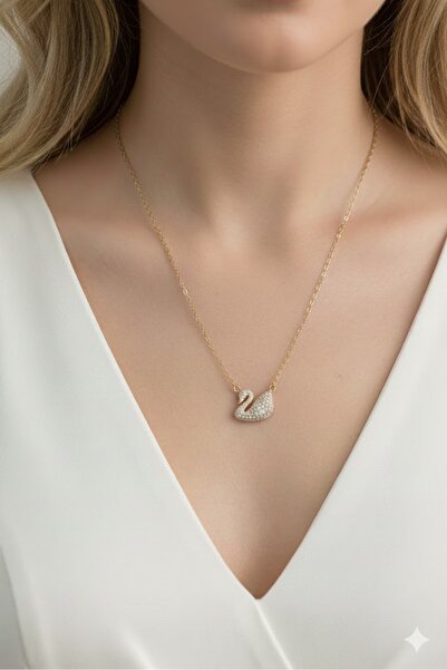 Dorvina سلسلة قلادة على شكل بجعة من الفولاذ بلون ذهبي مع حجر الزركون 316L لا يتأكسد |   مجوهرات أنيقة ومتينة، إكسسوارات