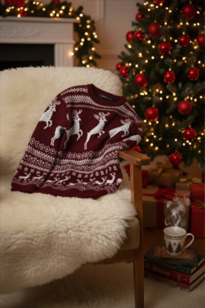 A&O Style Unisex Burgundy Regular Fit Crew Neck Christmas Deer Themed Knitwear Sweater
