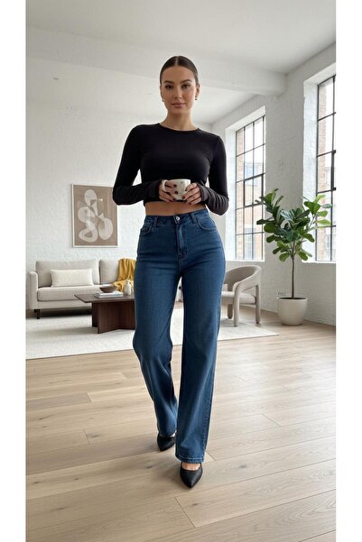 geenz manifacture Medium Blue Suny Women's High Waist Jeans Loose Denim Pants Palazzo