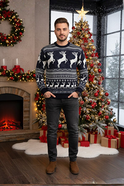 A&O Style Unisex Navy Blue Regular Fit Crew Neck Christmas Deer Themed Knitwear Sweater