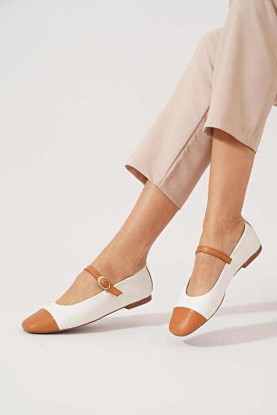 Moda Pie Retan Double Color Belted Women's Genuine Leather Ballerinas White Skin