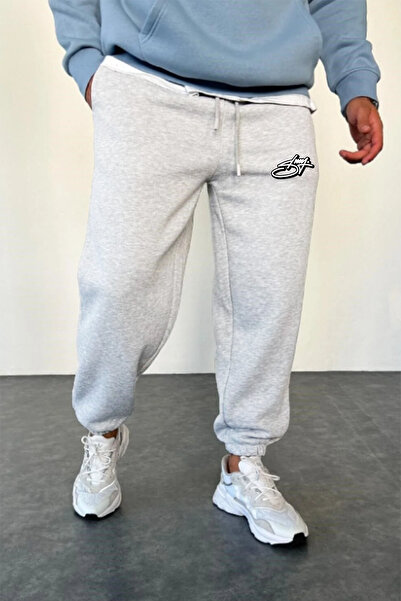 THE RULE Stüssy Curved Printed Winter 3 Thread Sh Fleece-Lined Relaxed Fit Cotton Grey Jogger Sweatpants