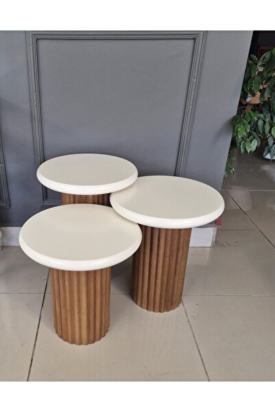 Aura Wood Mantar 3’lü Zigon Sehpa Fitilli Ekru-Ceviz 42 cm