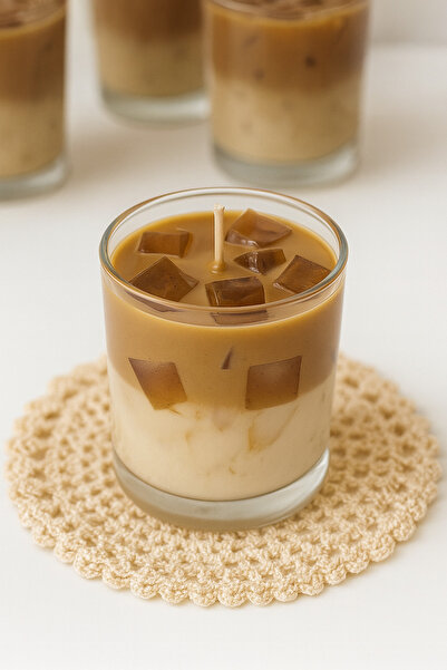 BASAKVA Ice Latte Görünümlü Kahve Jel Detaylı Cam Bardak Mum – El Yapımı Arom...