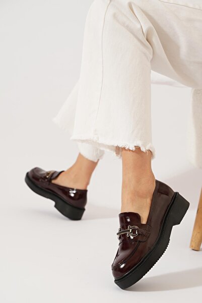 Moda Pie Loden Front Buckle Women's Loafer Ballet Flats Burgundy Patent Leather