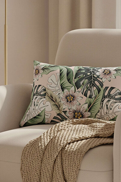 Cango Home Green Beige Floral Patterned Digital Printed Rectangular Throw Pillow Case Otyk793-3550