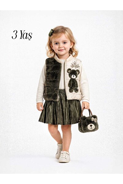 KATIA ✅ Teddy Bear Girl's Set – Furry Vest + Shiny Skirt + Bag (3–6 Years)