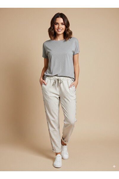 CELTMODA Women's Lace-Up Full Stretch Fabric Staple Detail Italian Trousers - Beige