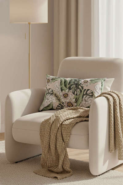 Cango Home Green Beige Floral Patterned Digital Printed Rectangular Throw Pillow Case Otyk793-3550