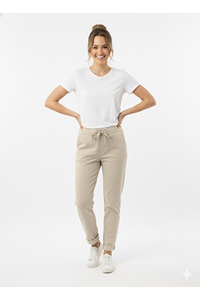 CELTMODA Women's Lace-Up Full Stretch Fabric Italian Pants - Beige