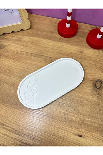 Lumaria Studio Decorative Oval Plate with Butterfly Detail 21X10 cm – White Color Plaster Tray |   Candle Holder & Jewelry Stand