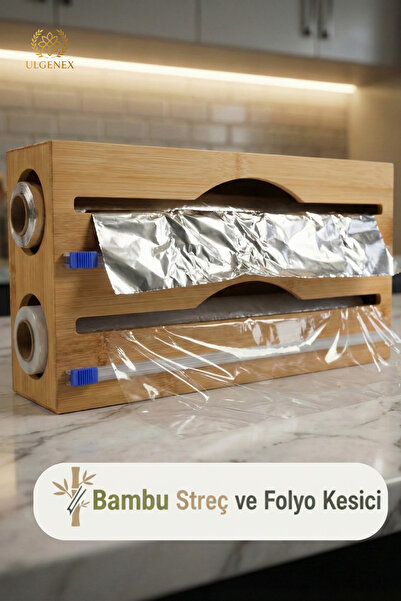 Ulgenex Doğal Bambu 2 Bölmeli Streç ve Folyo Kesici - Kayar Bıçaklı Mutfak Or...